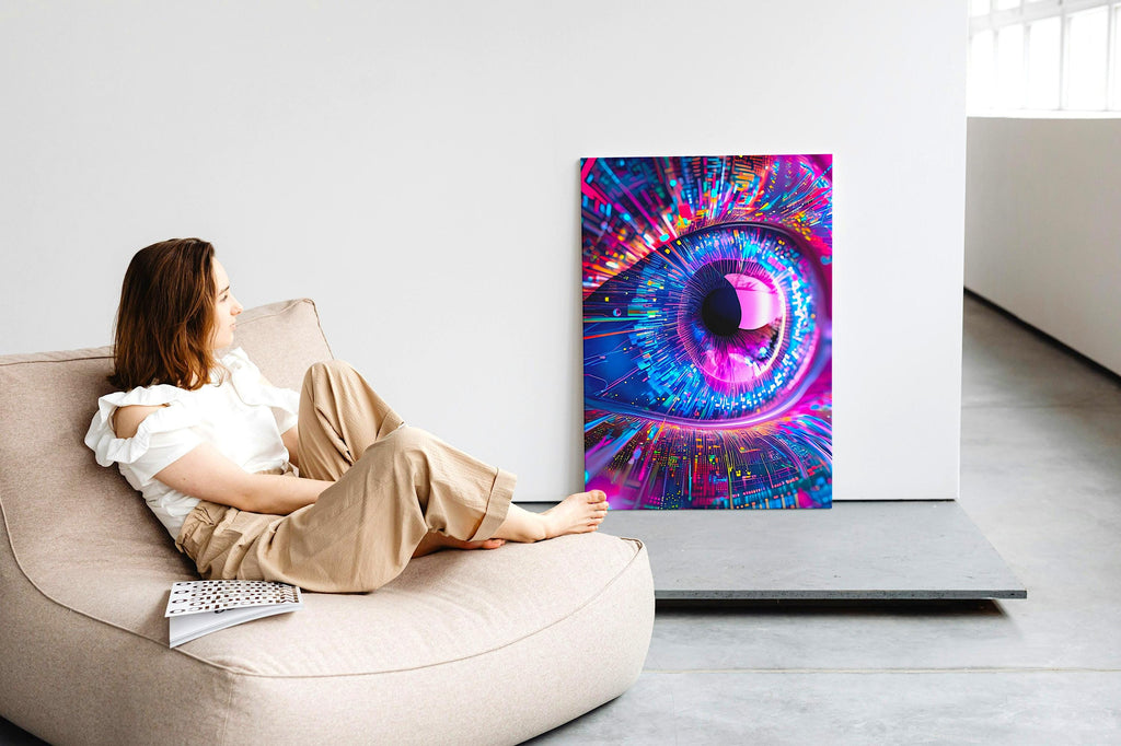 AI Vision Wall Art - Abstract Futuristic Eye Canvas Print in Neon Tech Style