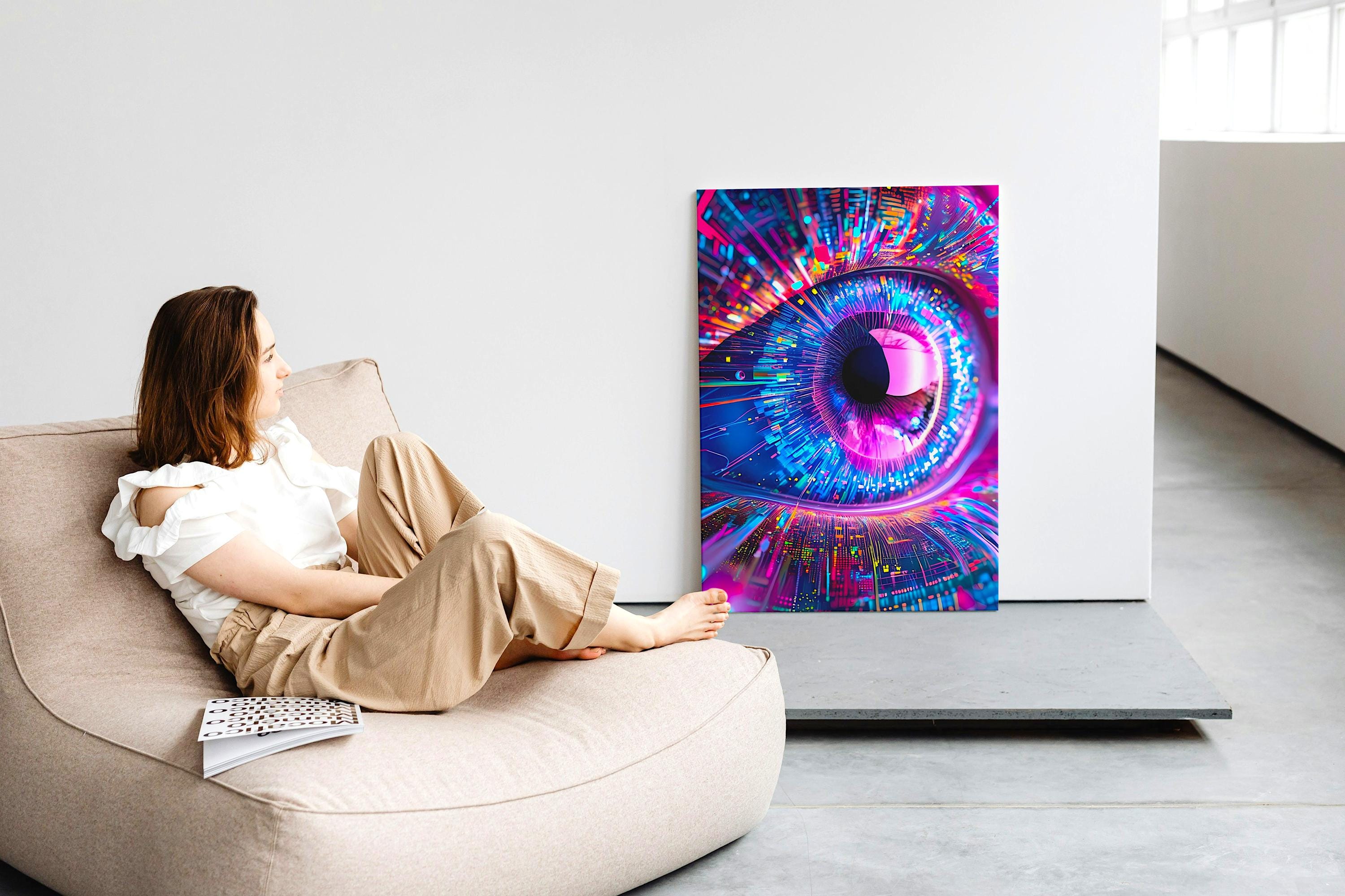 AI Vision Wall Art - Abstract Futuristic Eye Canvas Print in Neon Tech Style