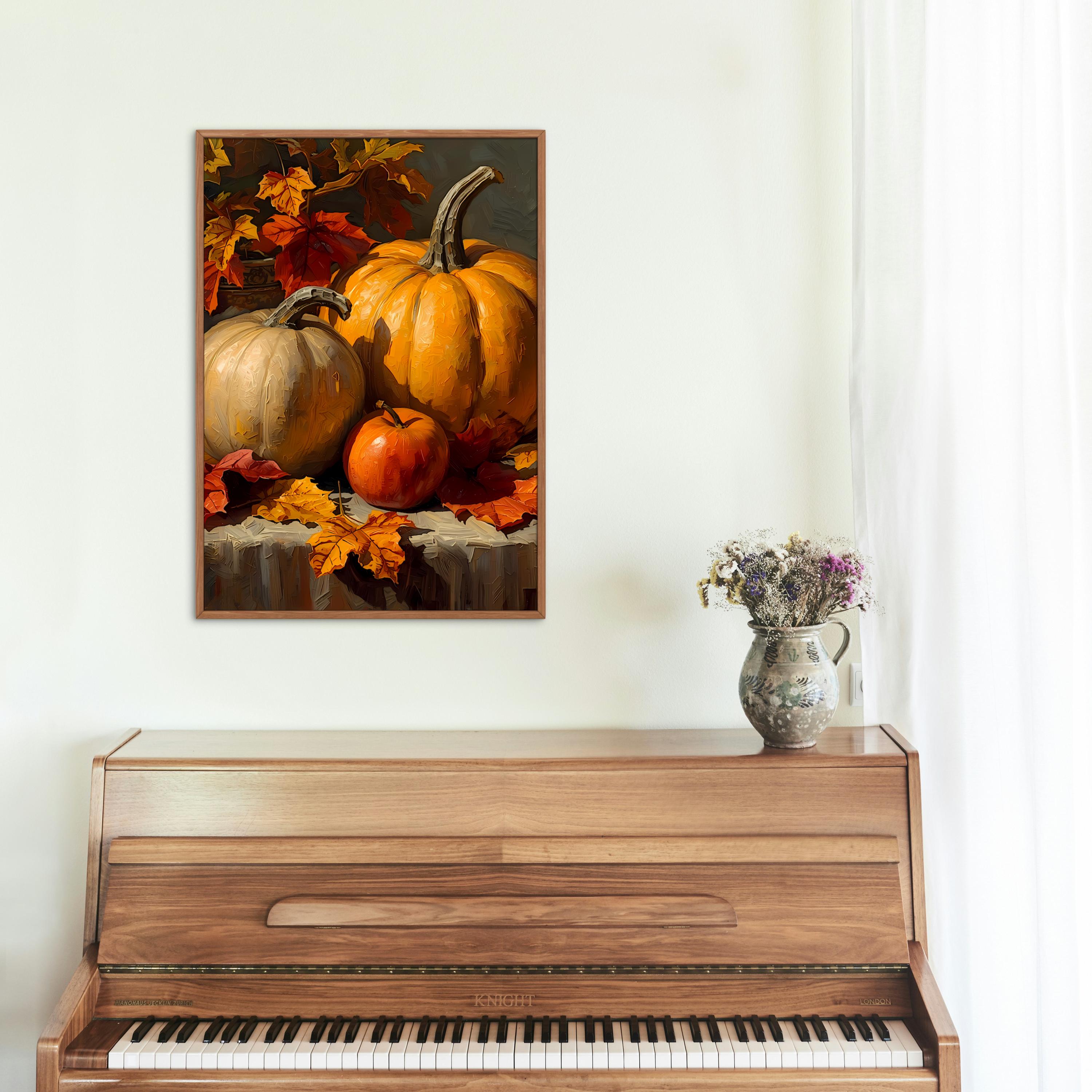 Autumn harvest still life featuring pumpkins, a red apple, and scattered maple leaves.