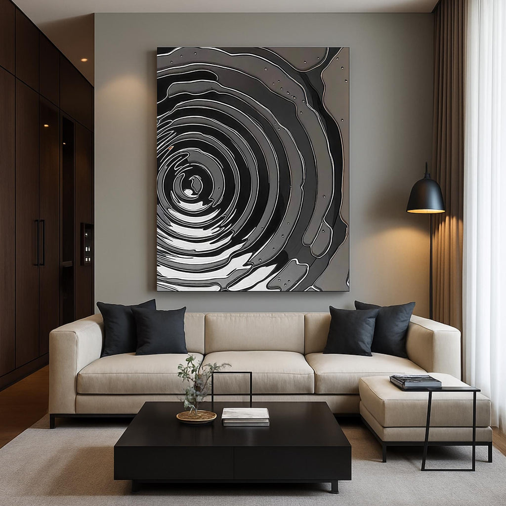 Minimalist grayscale illustration of swirling liquid surface with bubble details
