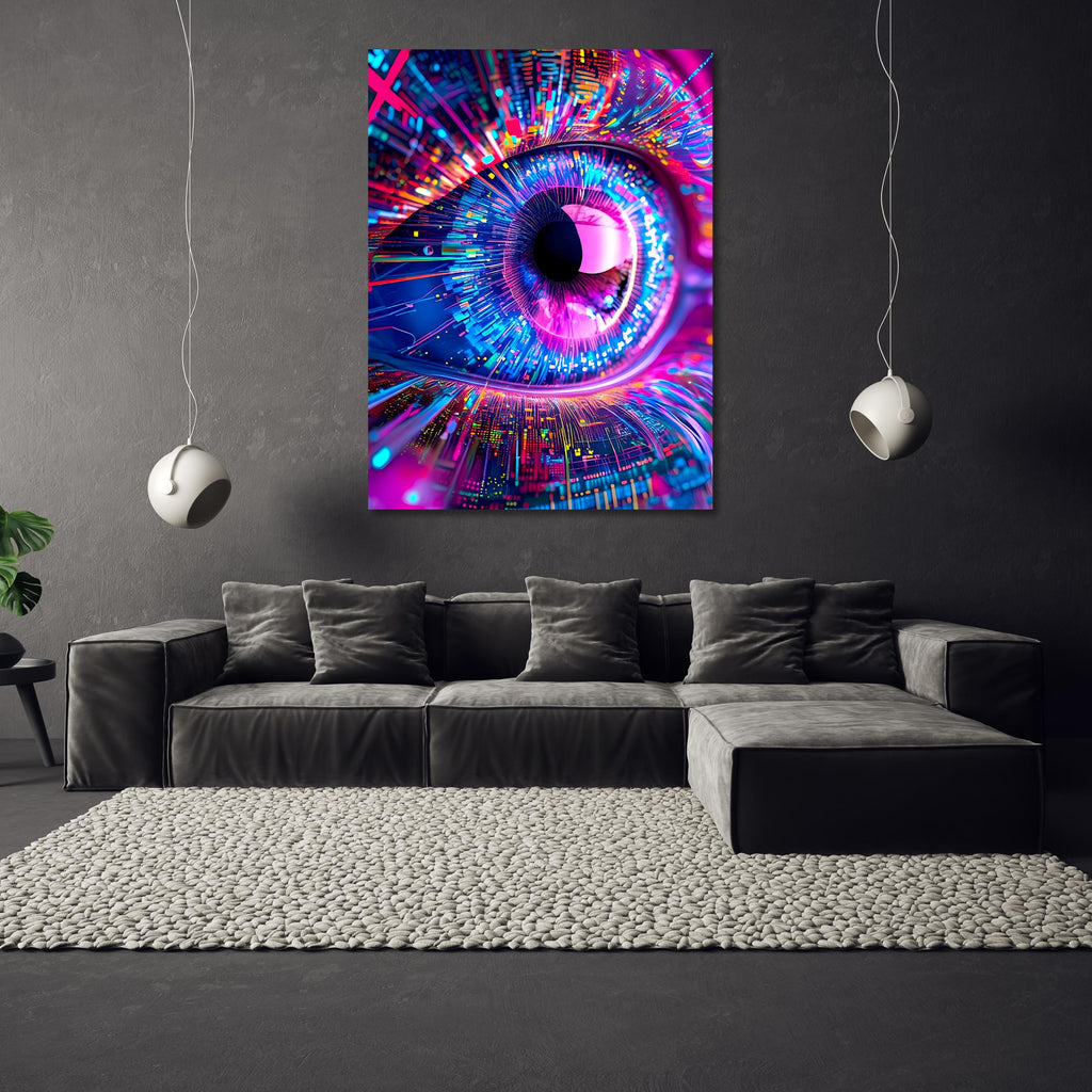 AI Vision Wall Art - Abstract Futuristic Eye Canvas Print in Neon Tech Style