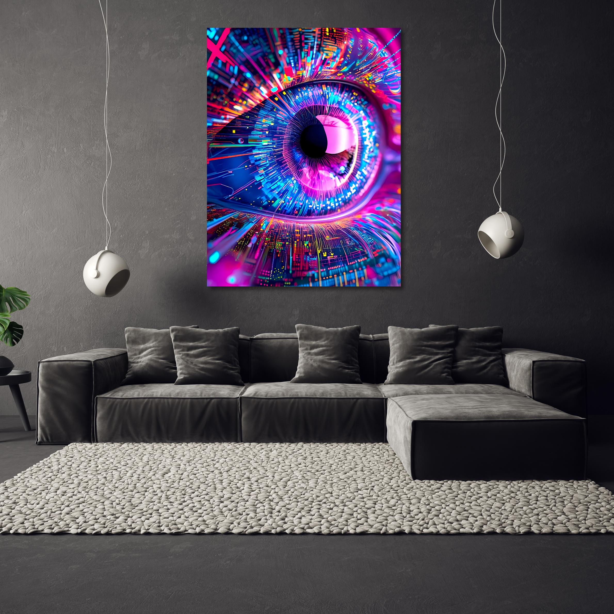 AI Vision Wall Art - Abstract Futuristic Eye Canvas Print in Neon Tech Style