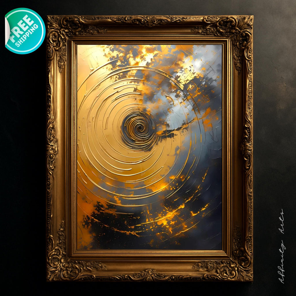 Abstract swirl painting in gold, orange, and gray tones, featuring thick impasto spirals emerging from a dark background.
