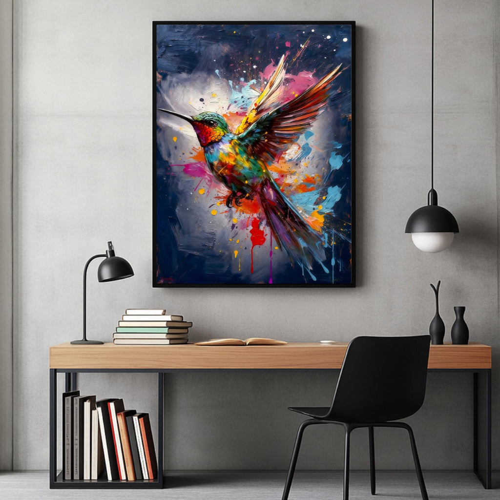 Colorful Hummingbird Wall Art Print, Blue Background, Premium Paper Poster, Canvas Print, Digital Download AffinityArts
