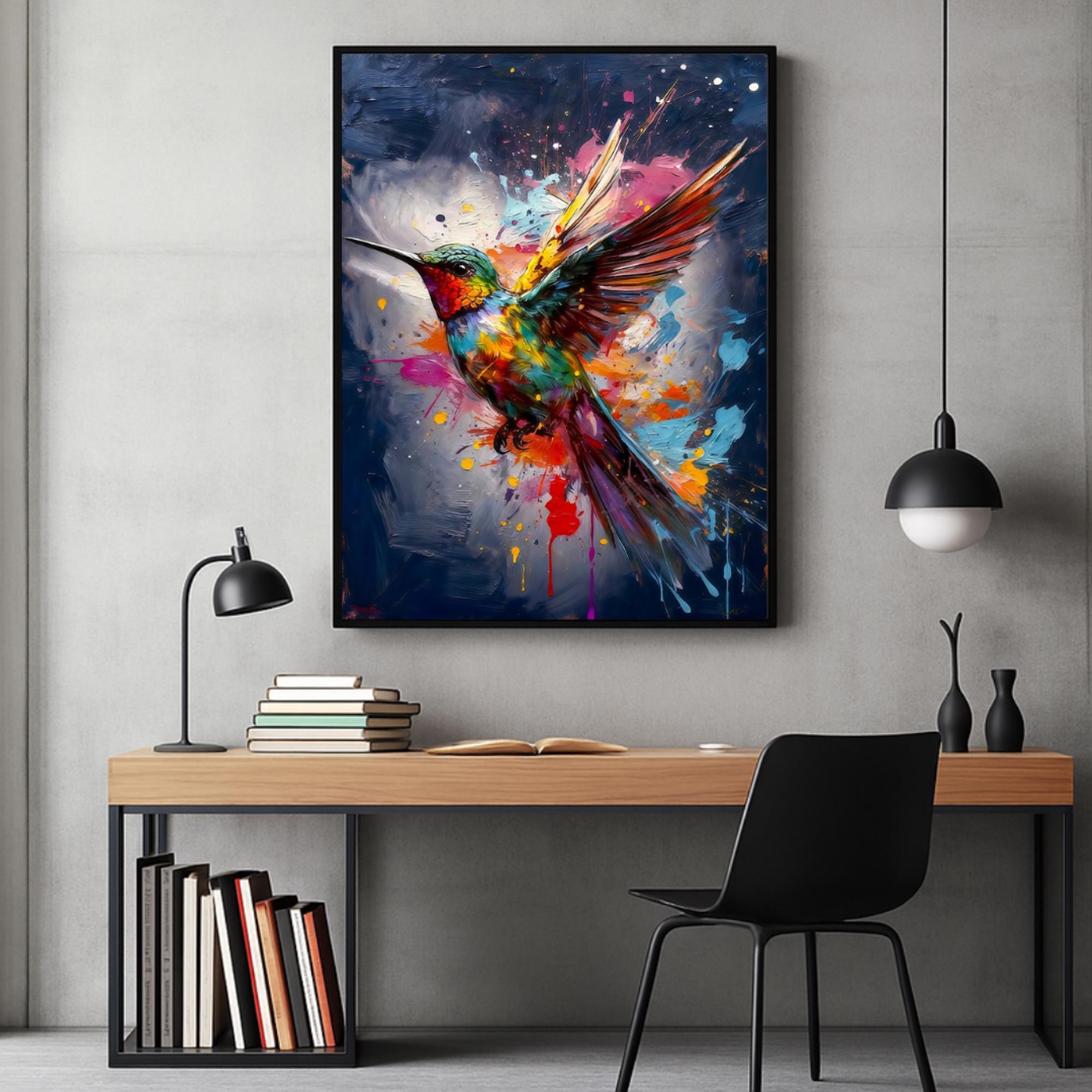 Colorful Hummingbird Wall Art Print, Blue Background, Premium Paper Poster, Canvas Print, Digital Download AffinityArts