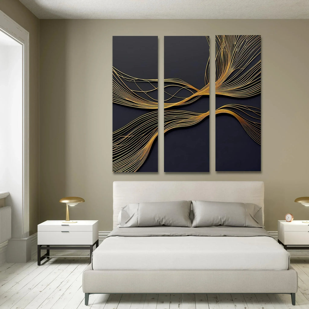 Gold Line Abstract Triptych Canvas Art: Modern Black and Gold Wall Decor - AffinityArts 