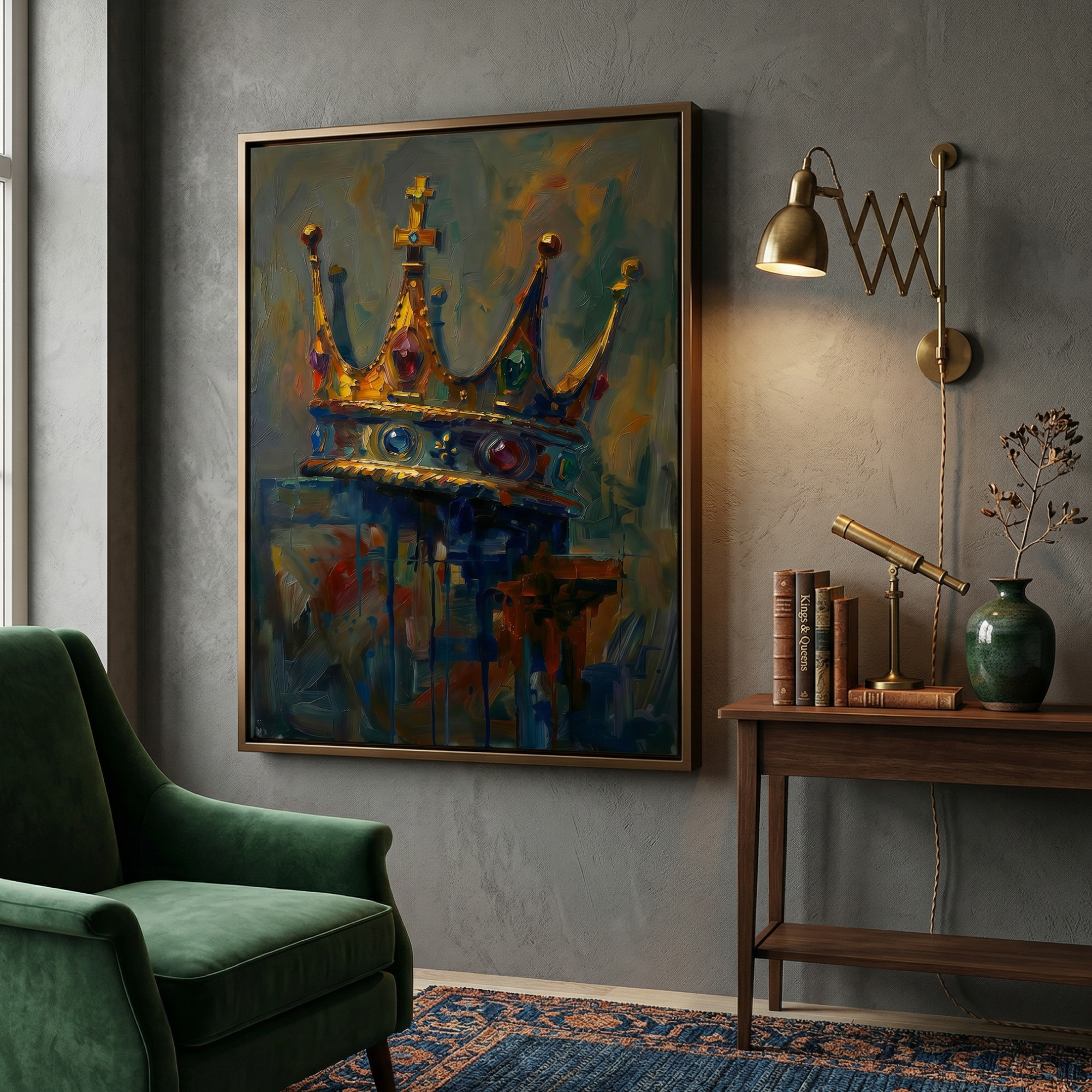 Dark crown oil painting with jewel tones, gold details and ruby gemstones on deep blue background