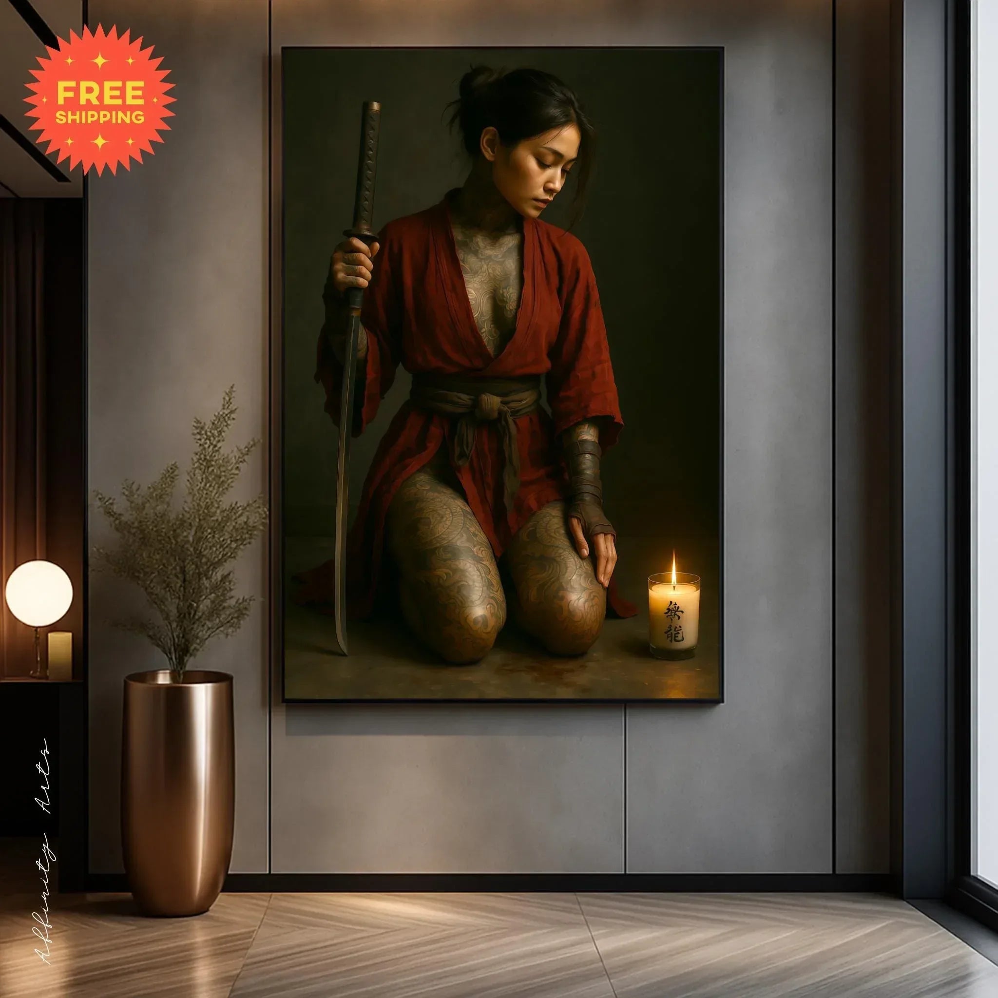 Red Kimono Warrior Poster, Tattooed Female Samurai Wall Art, Premium Paper Print or Digital Download, Multiple Sizes - AffinityArts 