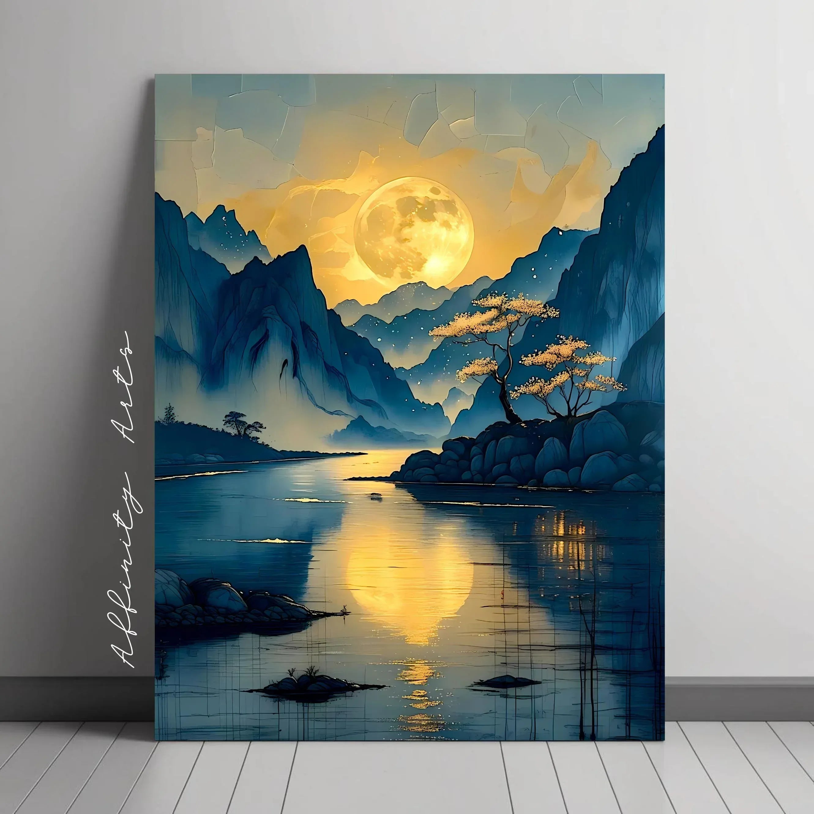 Moonlit Mountain River Canvas Art: Tranquil Asian Landscape Painting - AffinityArts 