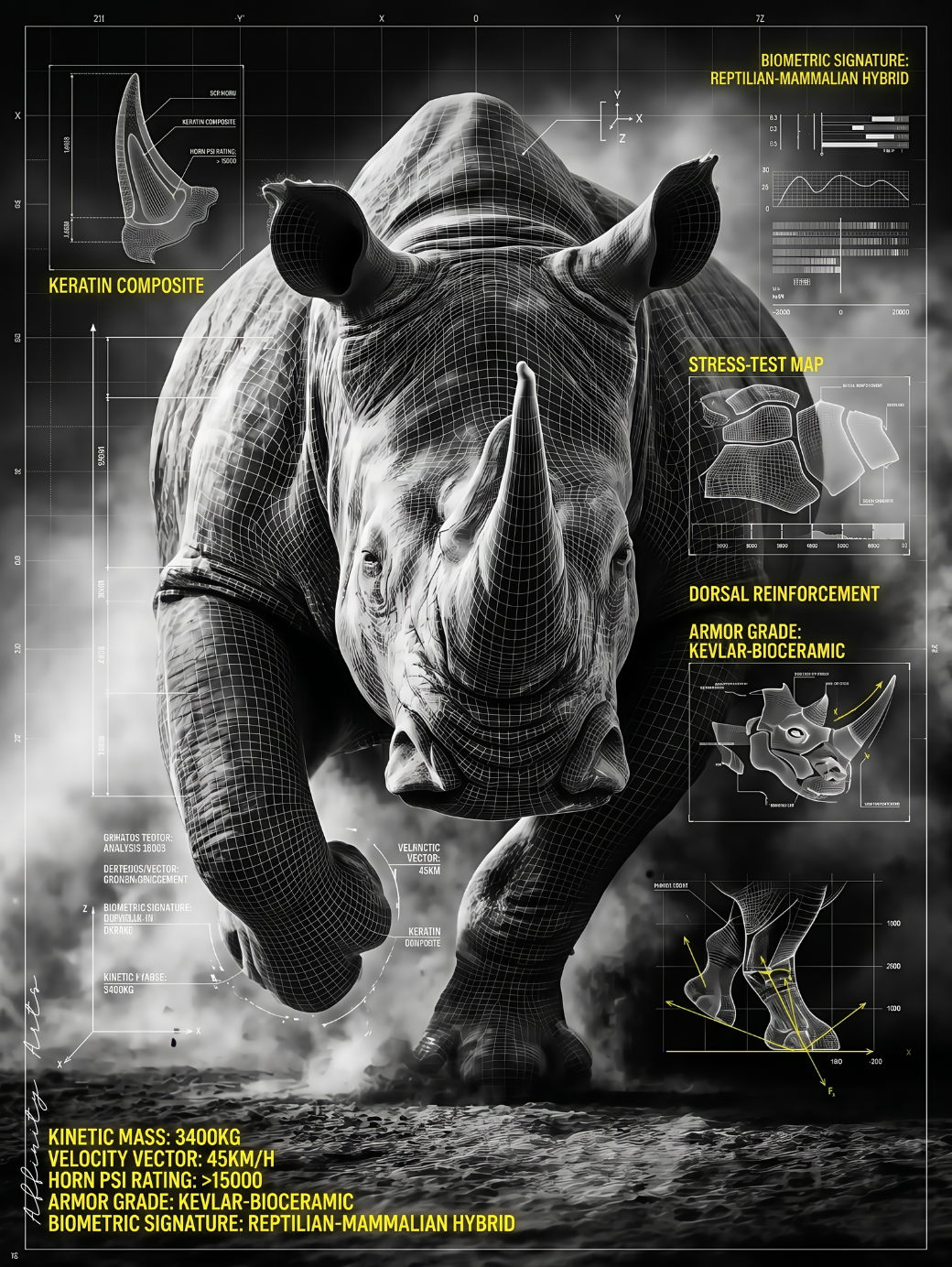 Charging rhino blueprint poster — wireframe anatomy, yellow engineering data, black and white animal wall art
