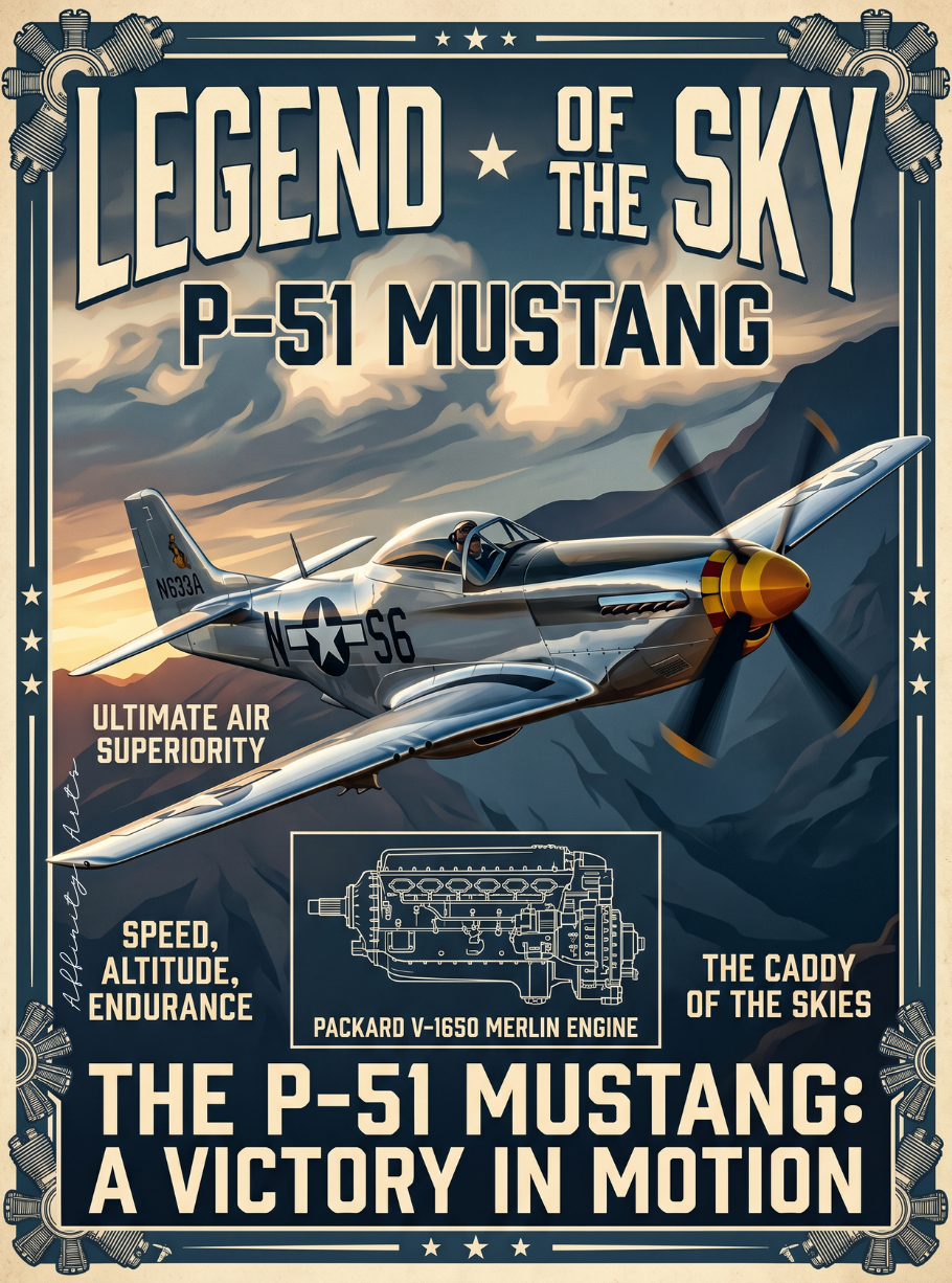 P-51 Mustang wall art print — vintage WWII aviation poster, navy and gold, fighter plane decor
