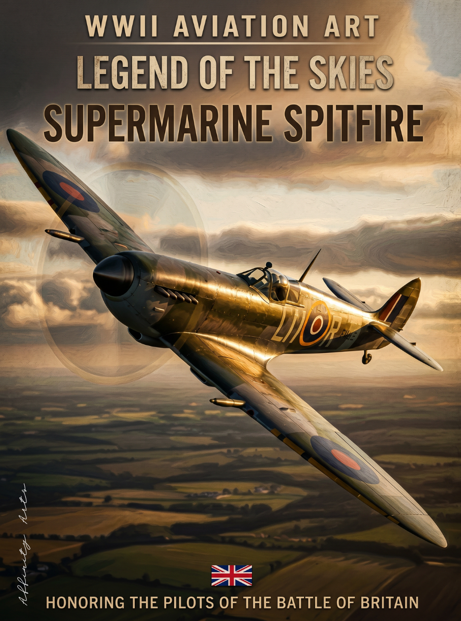 Supermarine Spitfire soaring over Britain at golden hour — WWII aviation wall art poster print