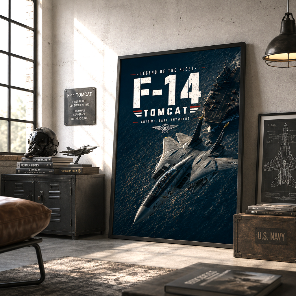 Naval aviation art detail — steel-grey jet against a deep navy sky