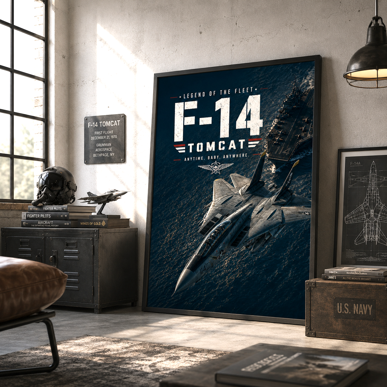 Naval aviation art detail — steel-grey jet against a deep navy sky