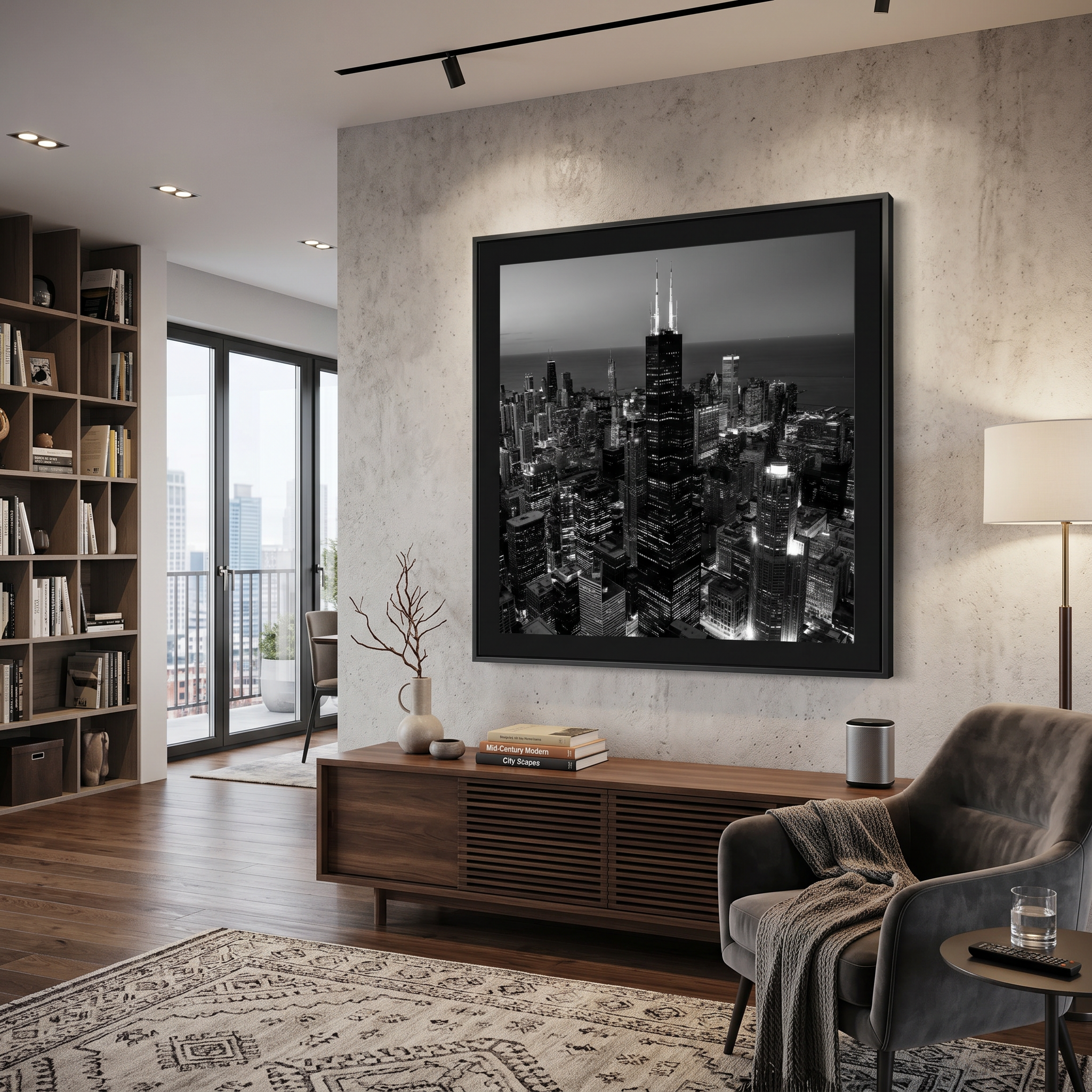 Chicago night skyline art print featuring Willis Tower and surrounding skyscrapers in black and white
