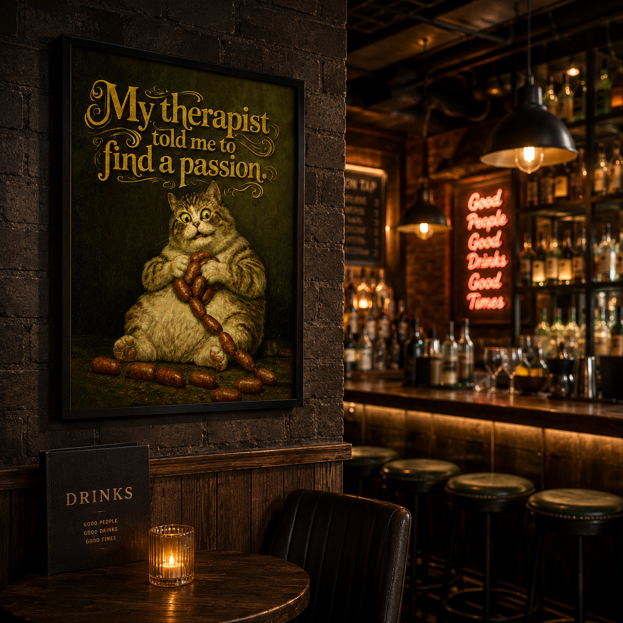 Funny fat cat clutching sausages under gold vintage text, kitchen wall art print