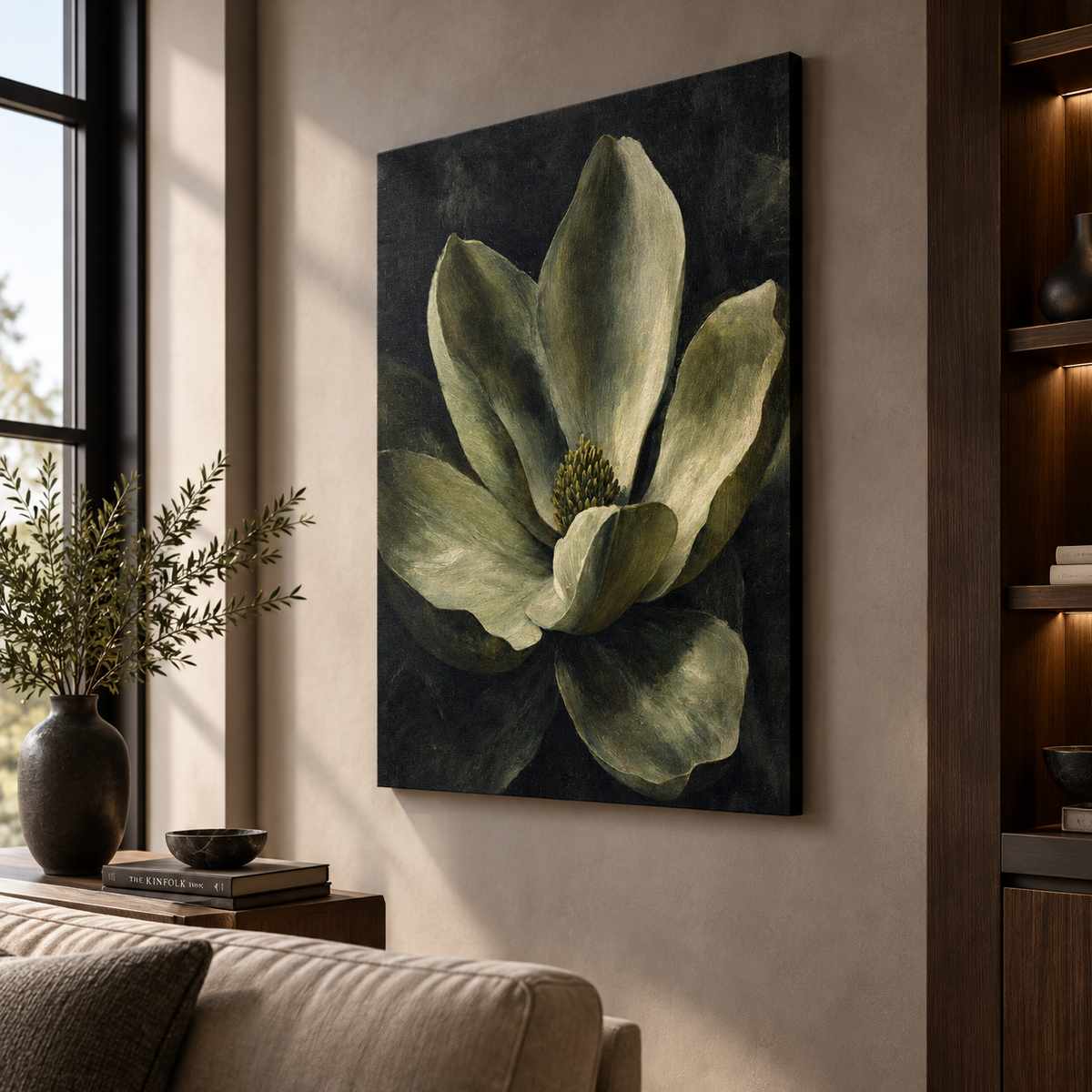 Detail of a magnolia petal in olive green and cream with soft light and shadow transitions