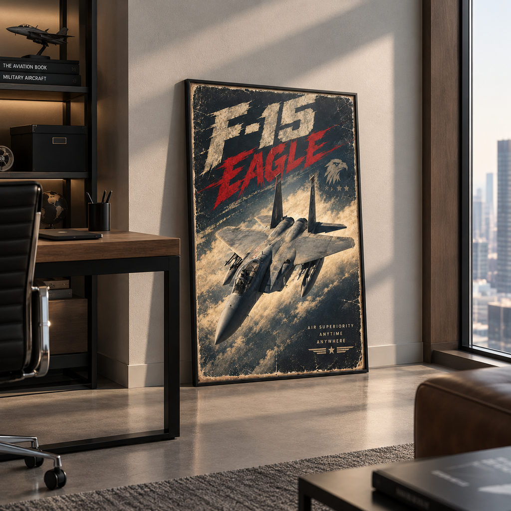 Close-up of the F-15 Eagle cockpit and nose, detailed fighter jet artwork on a vintage poster