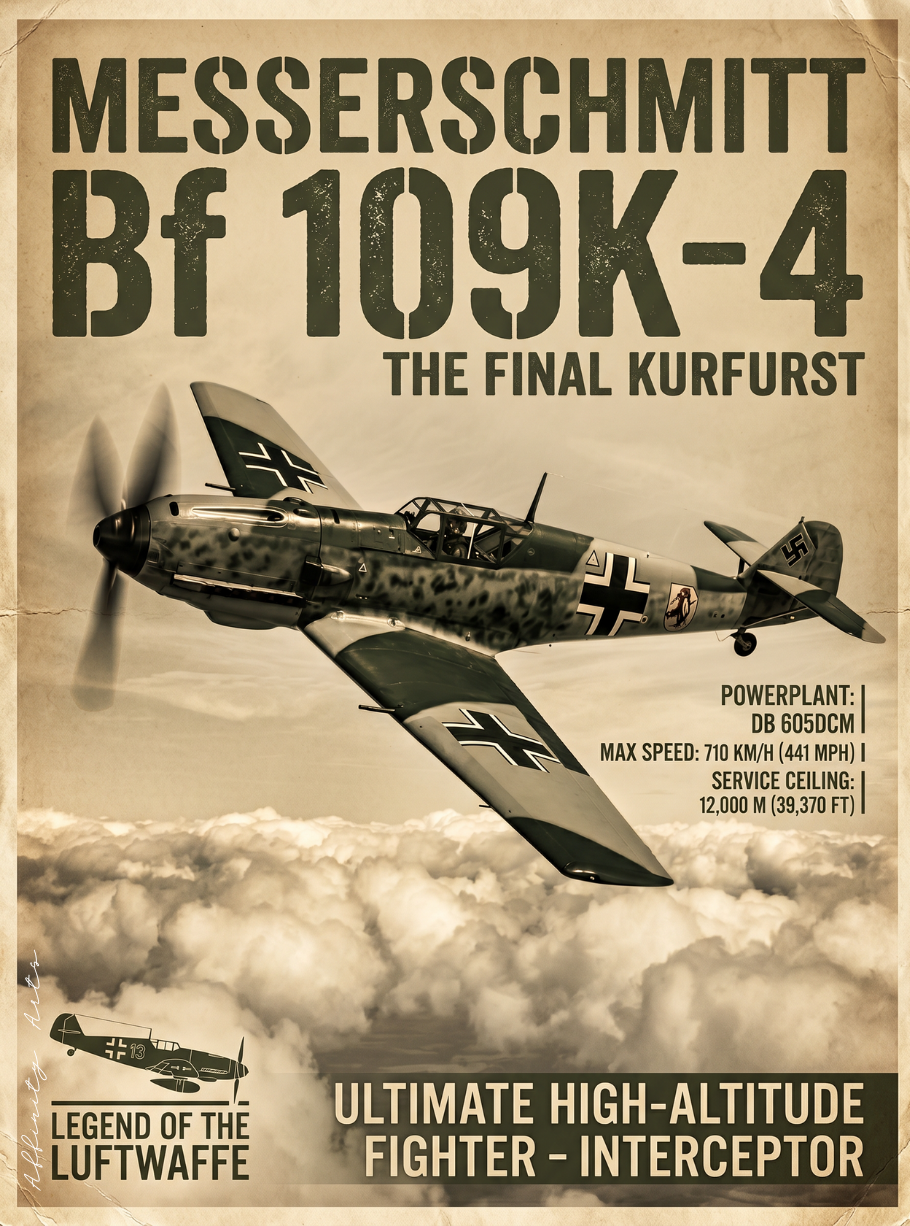 Messerschmitt Bf 109K-4 WWII poster — vintage Luftwaffe fighter plane art, sepia tones, ready to own your wall