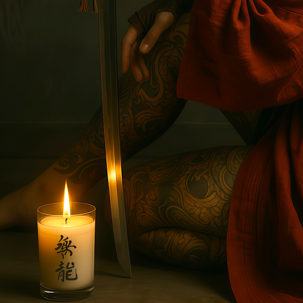 A single candle. Japanese characters. The only light she needs — meditation art print, warm and unreachable