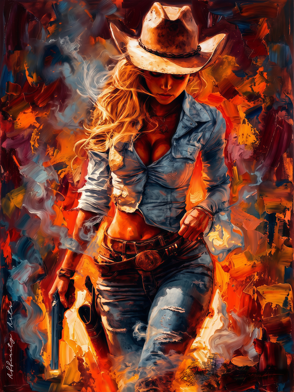 Cowgirl wall art — western woman painting, burnt orange and blue, poster or canvas print
