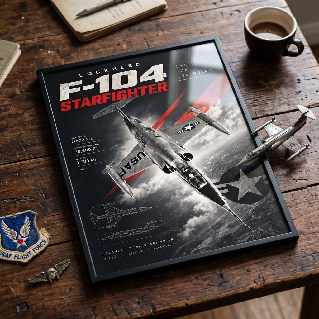 Close-up of the red STARFIGHTER title lettering on the black F-104 jet fighter poster
