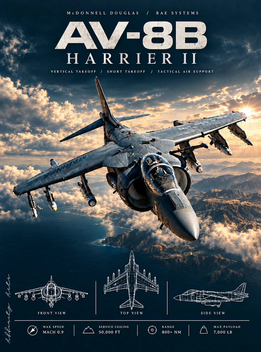 Harrier poster with a bold AV-8B HARRIER II title and a spec strip for speed, ceiling, range and payload