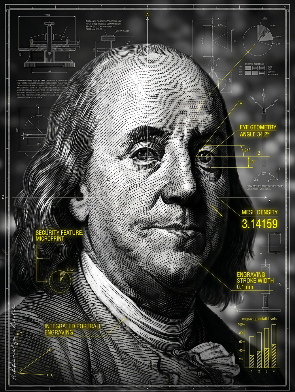 Benjamin Franklin blueprint art print – technical engraving portrait, dark wall art for office decor