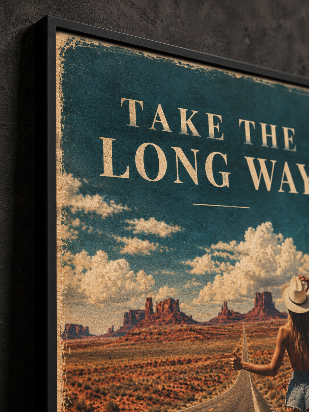 Premium matte paper poster print of a Western road trip scene in teal, rust and cream tones