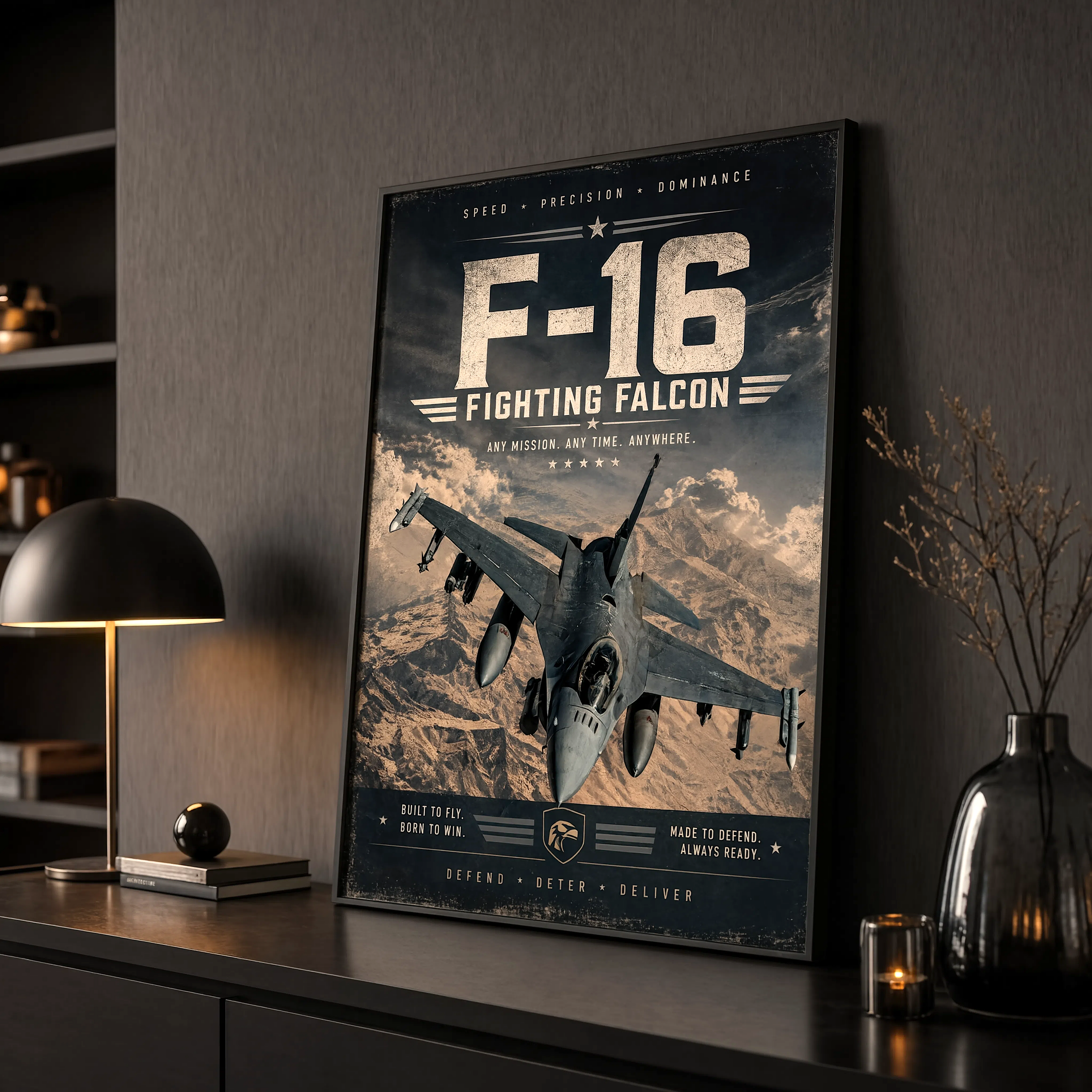 F-16 Fighting Falcon fighter jet poster - vintage military aviation wall art print for office or veteran gift