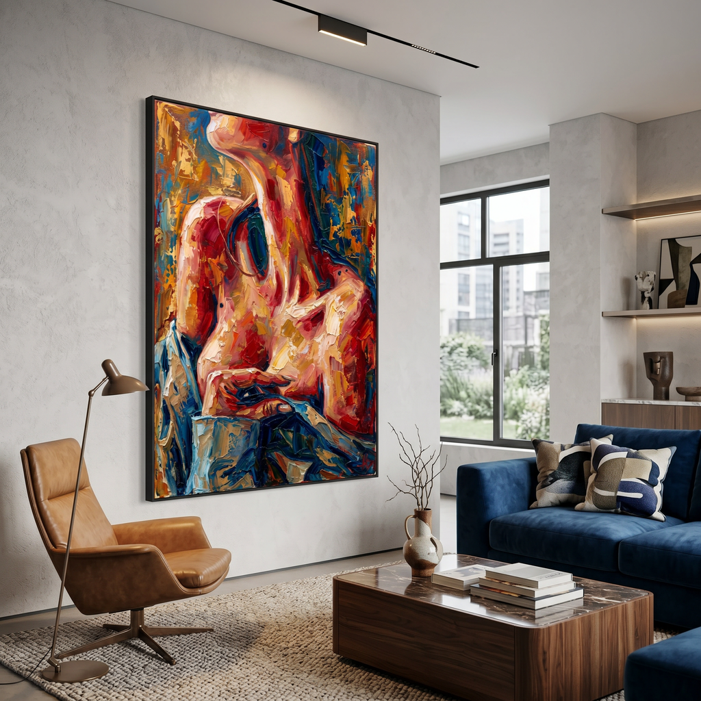 Feminine wall art above the bed — colorful figure painting, bedroom wall art in crimson navy and gold tones
