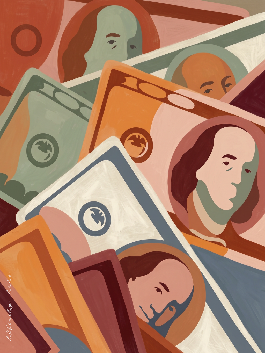 Money wall art print – flat graphic dollar bill illustration, terracotta sage and steel blue, archival matte or canvas