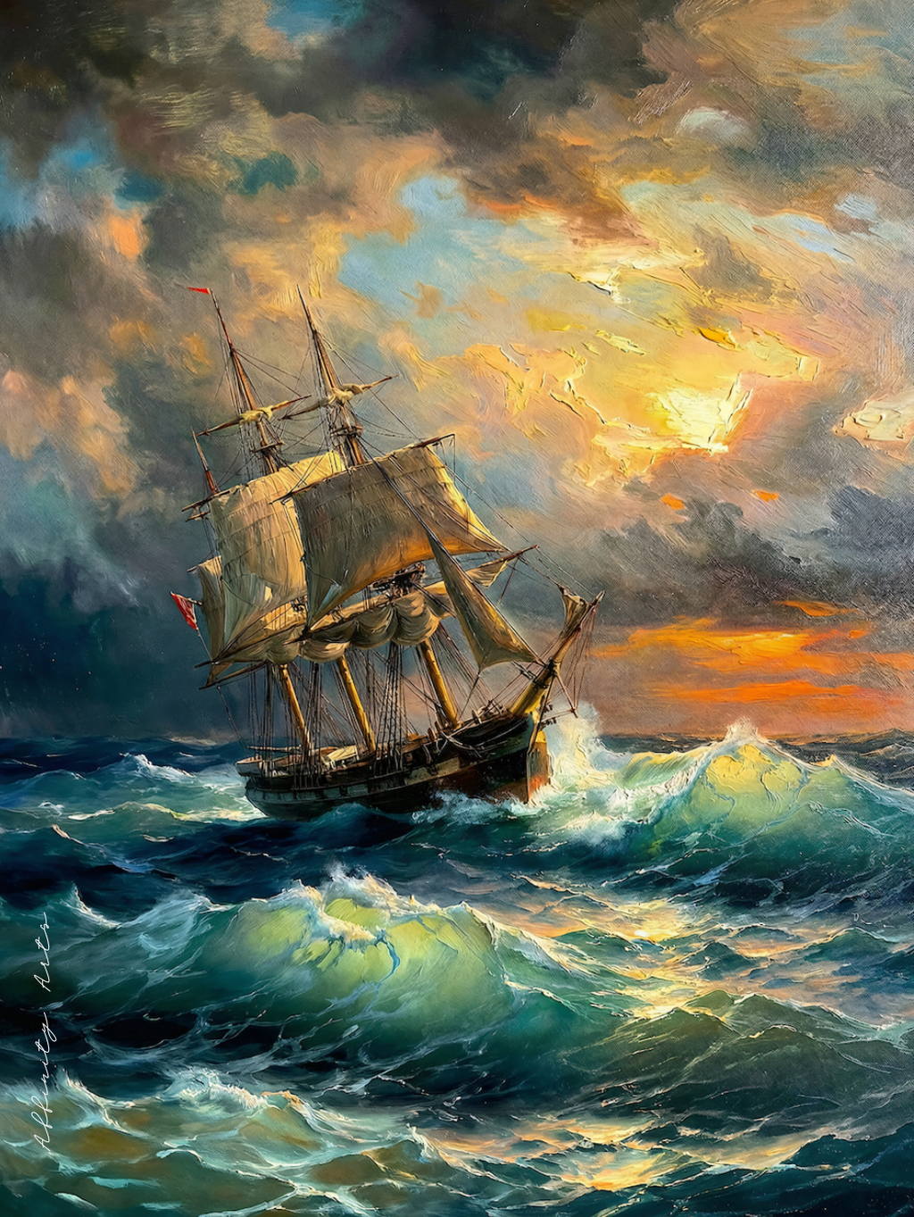 vintage sailing ship painting with ocean waves and golden sky