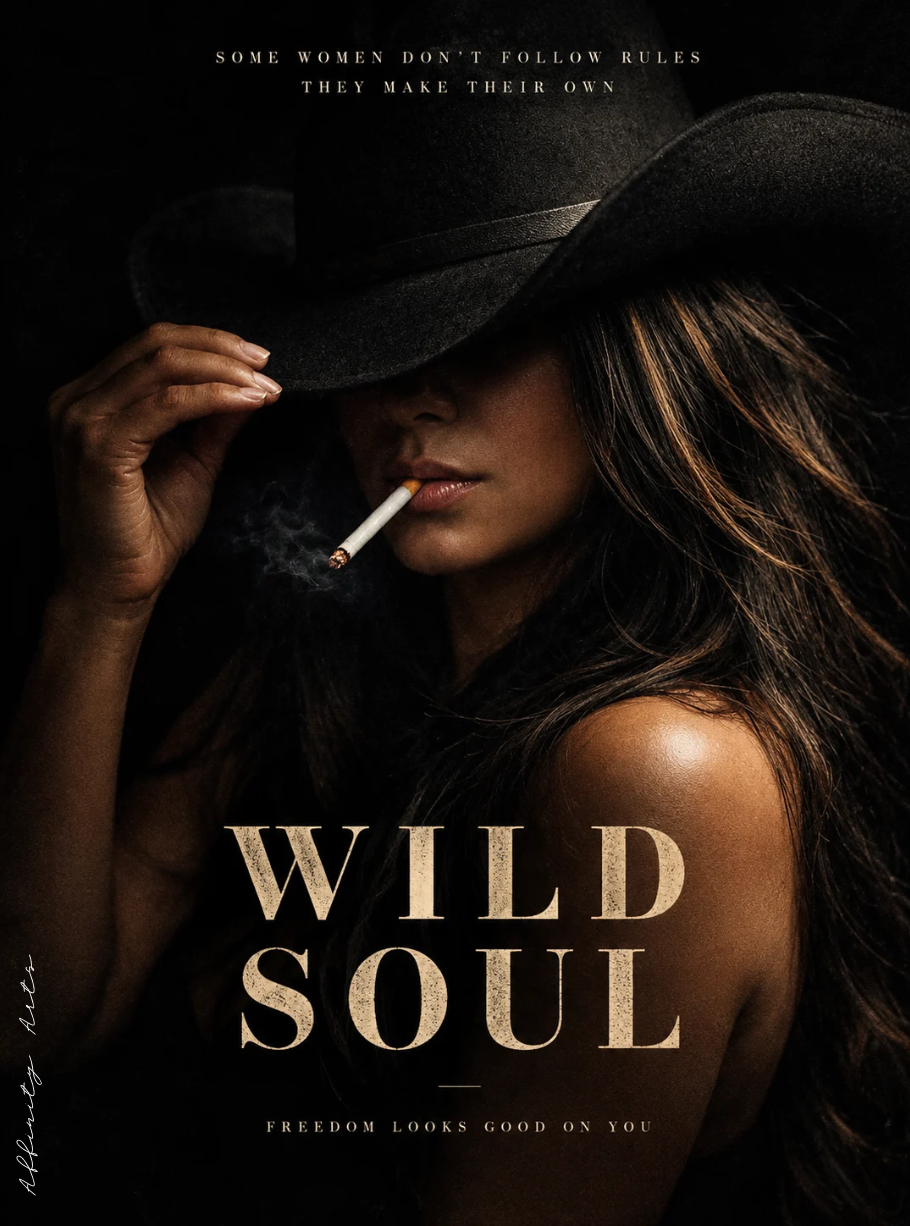 Close-up of a woman’s lips and a lit cigarette beneath the brim of a black cowboy hat