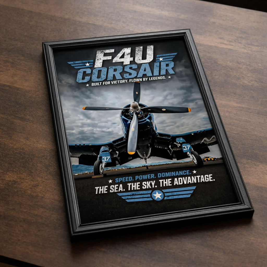 F4U Corsair print detail showing aircraft nose art and propeller