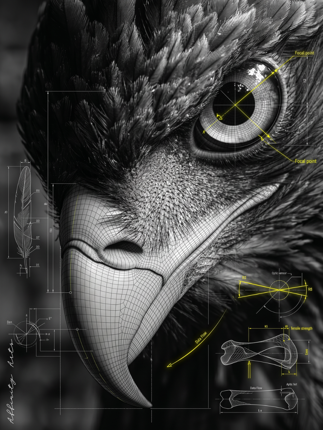 Eagle anatomy poster — optic sensor diagram on black and white raptor eye, archival matte print