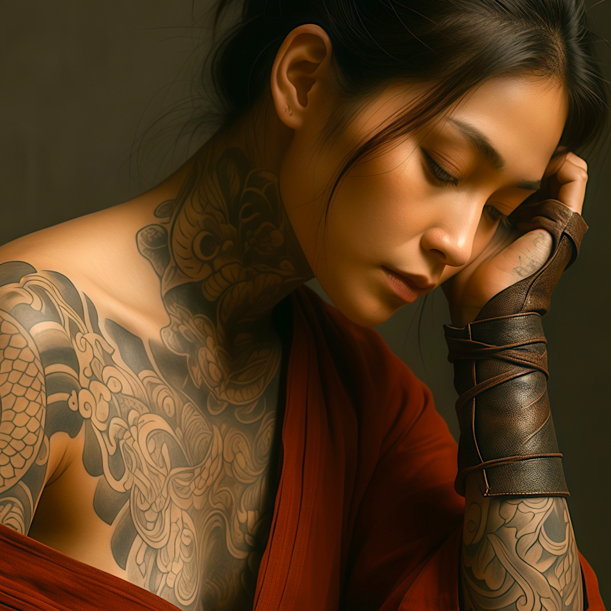 The weight she carries shows in one gesture — hand pressed to temple, eyes closed — warrior woman art that captures what victory costs