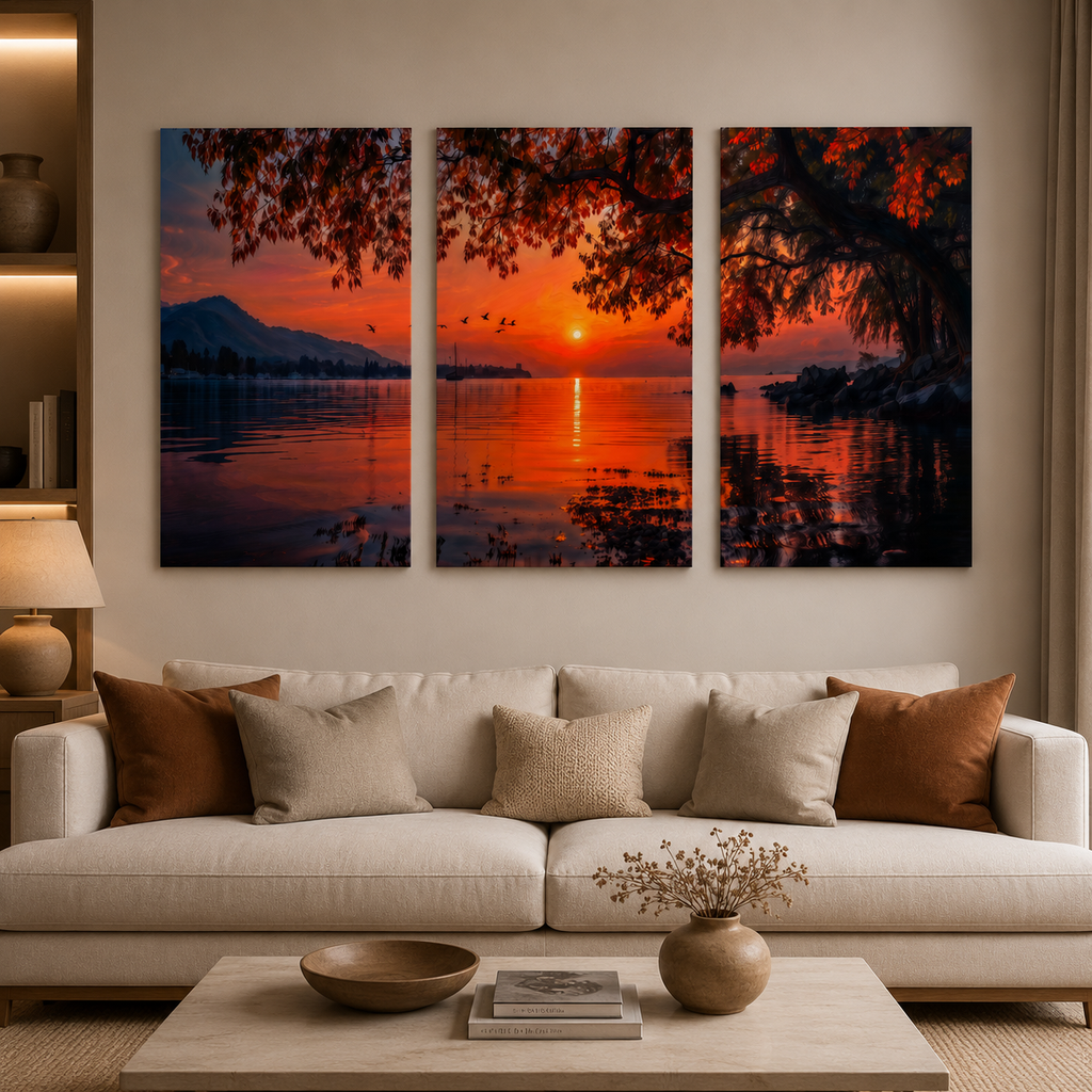 Sunset lake triptych canvas wall art, autumn mountain landscape print, 3 piece set for living room