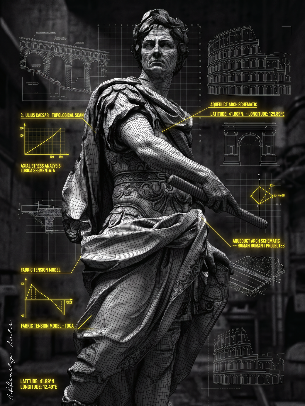 Wireframe Julius Caesar overlaid with Roman engineering schematics — blueprint poster for dark academia home office or study