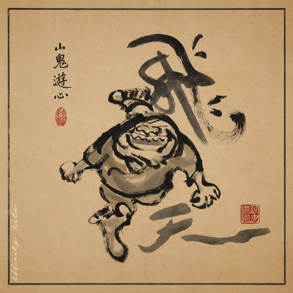 Sumi-e print of an oni demon painting a fortune kanji, warm parchment tones, matte poster