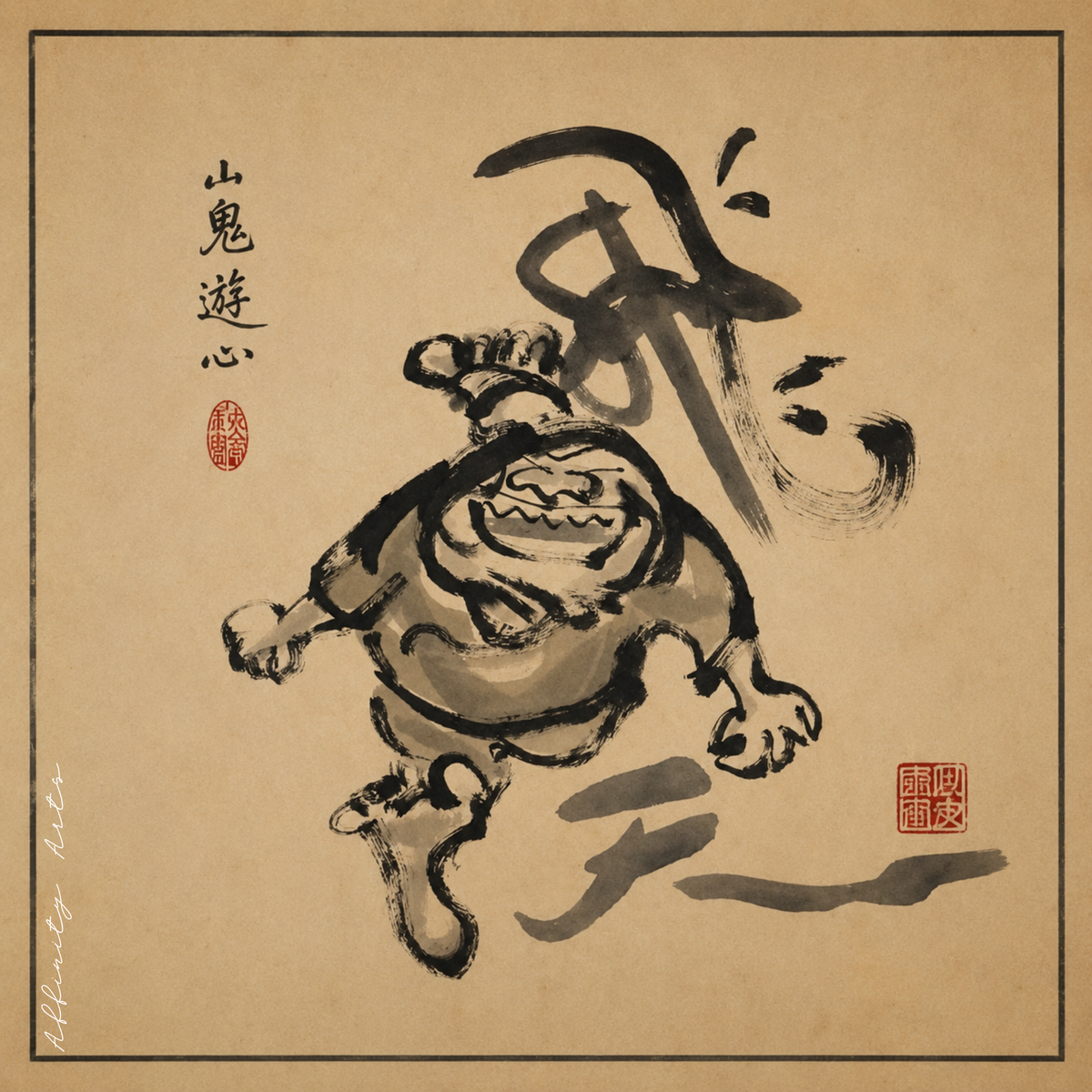 Sumi-e print of an oni demon painting a fortune kanji, warm parchment tones, matte poster