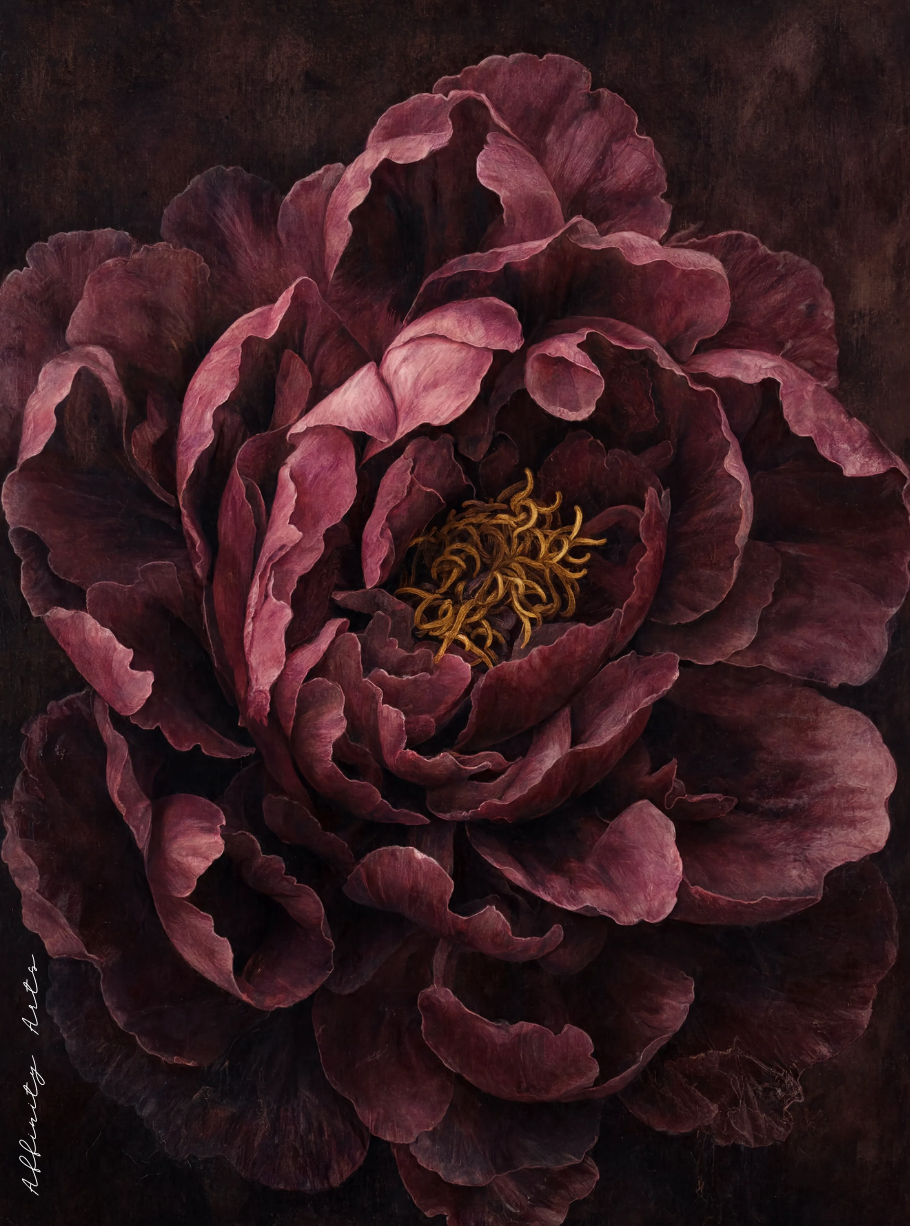 Detailed view of peony petal layers showing warm light and golden stamens up close.