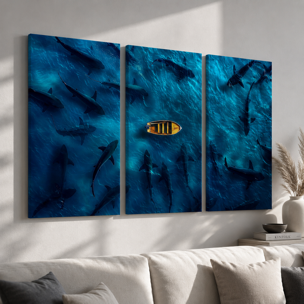 Canvas: stretched canvas shark triptych art — gallery wrap 3 panel set, ready to hang