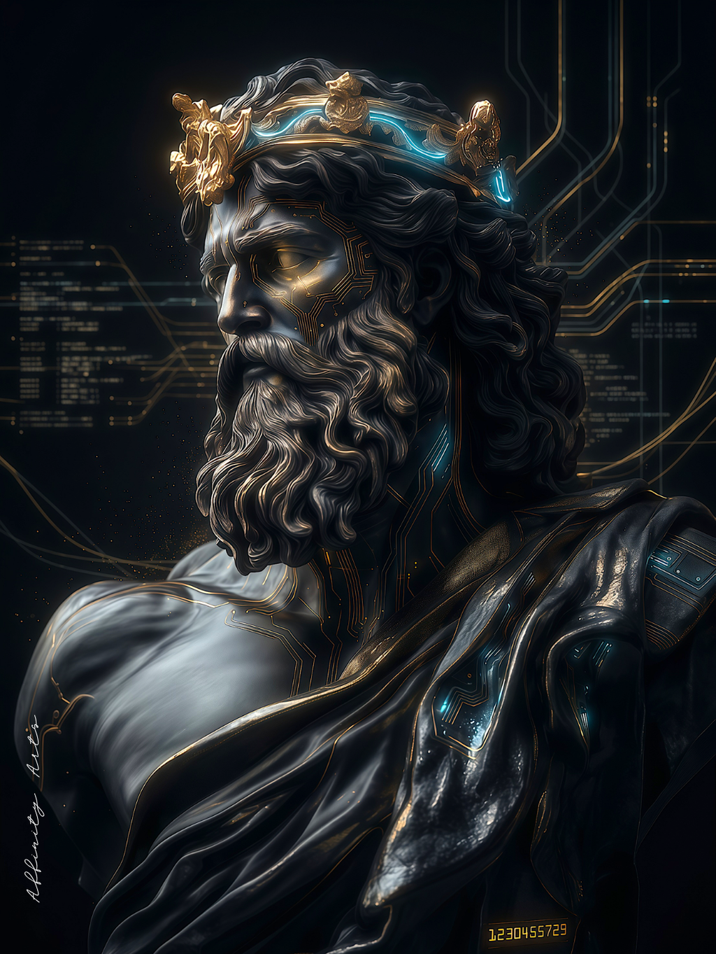 Gold circuit crown and cyan glow — where ancient mythology meets digital architecture, every detail holds weight