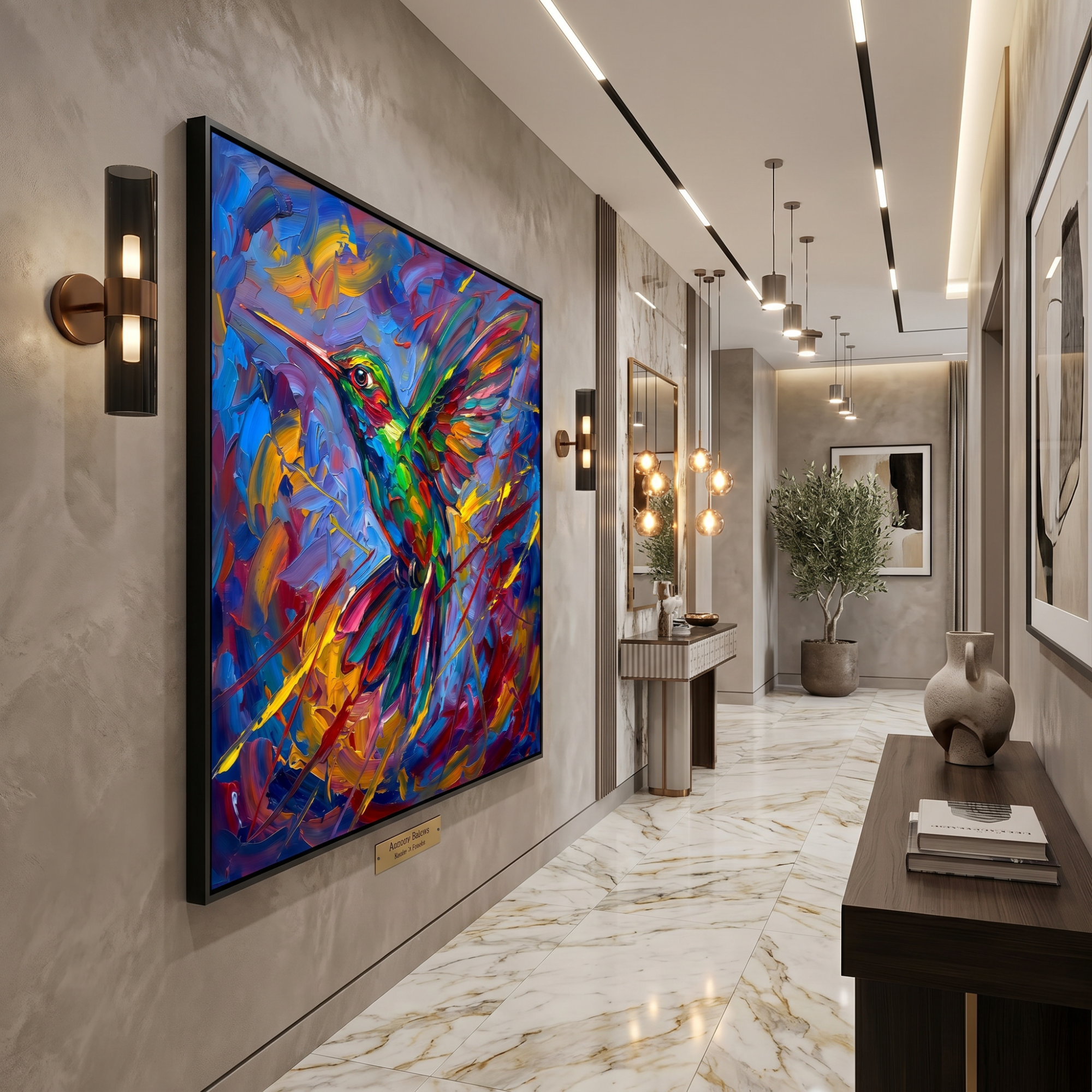 Gallery wall art set with hummingbird print — colorful nature wall art, abstract bird art, set of 3