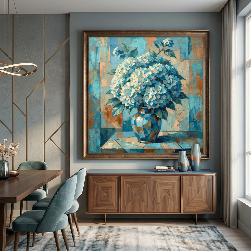 Vintage floral print dining room wall art — blue hydrangea canvas, teal botanical decor, 24x36 poster