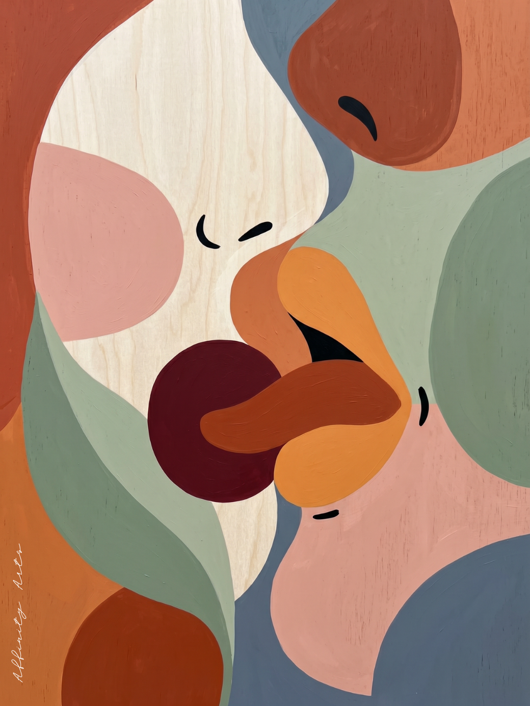 Two abstract faces almost kissing — romantic art print in earthy terracotta and sage green for bedroom wall