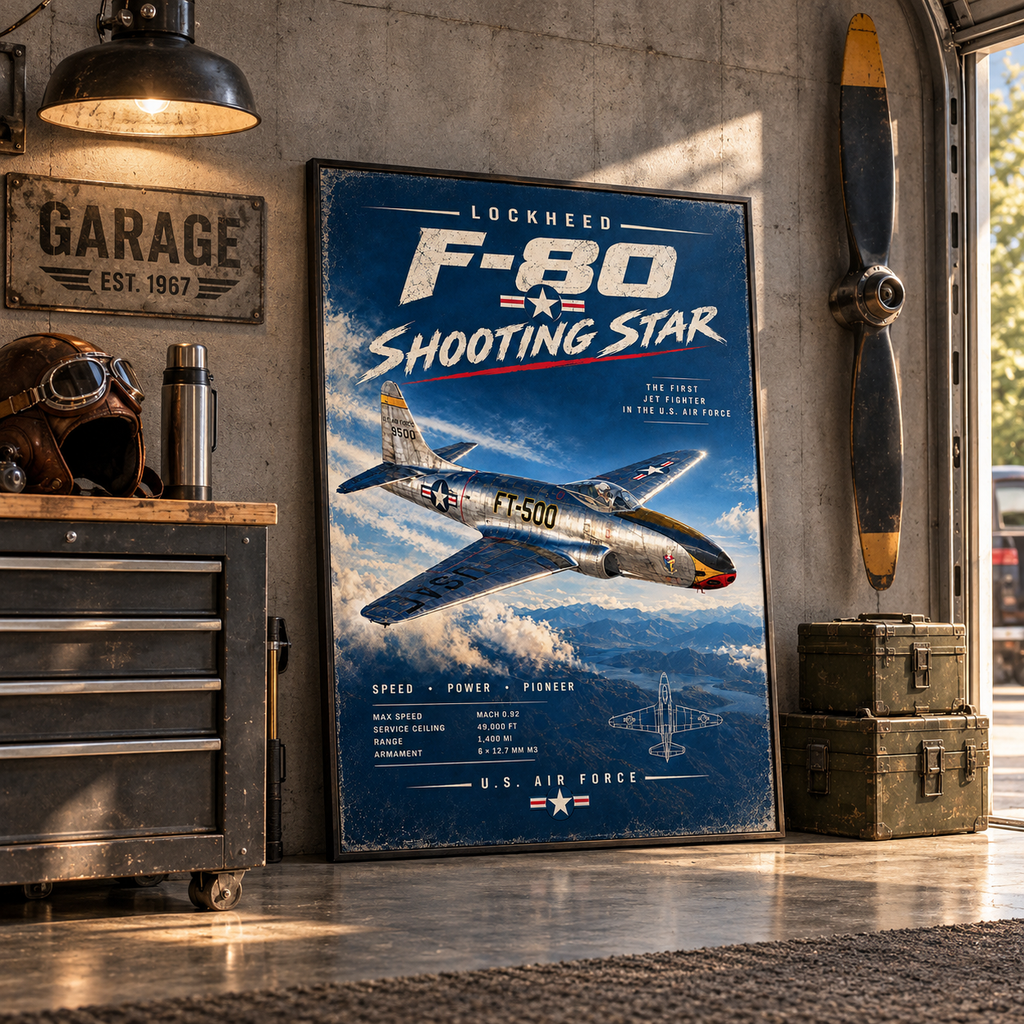 Pilot in the cockpit of a Lockheed F-80 Shooting Star under a clear canopy, detail from the aviation wall art