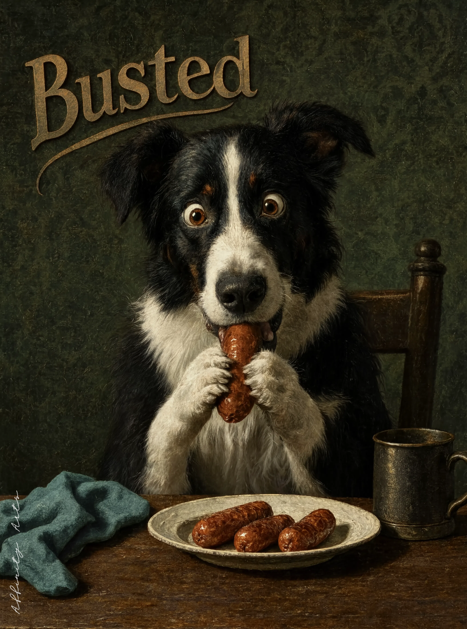 Funny dog print catching a sausage thief mid-act, dog portrait art