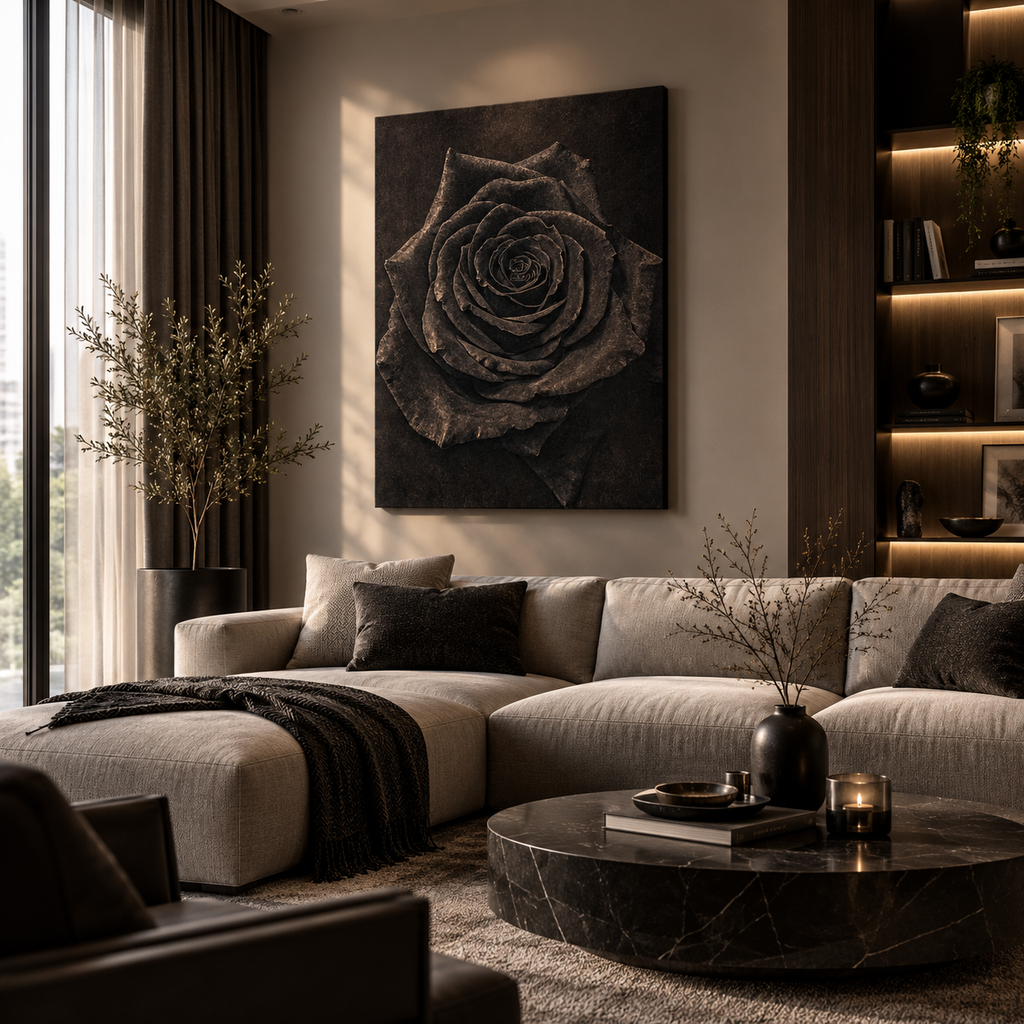 Detail of layered rose petals with curled edges and bronze highlights on a dark brown background